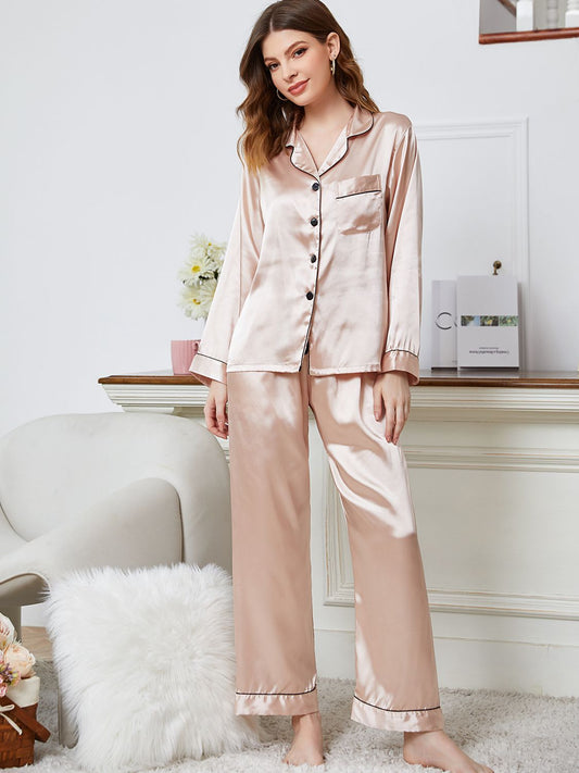 Lapel Collar Long Sleeve Top and Pants Pajama Set  - Doll Fits