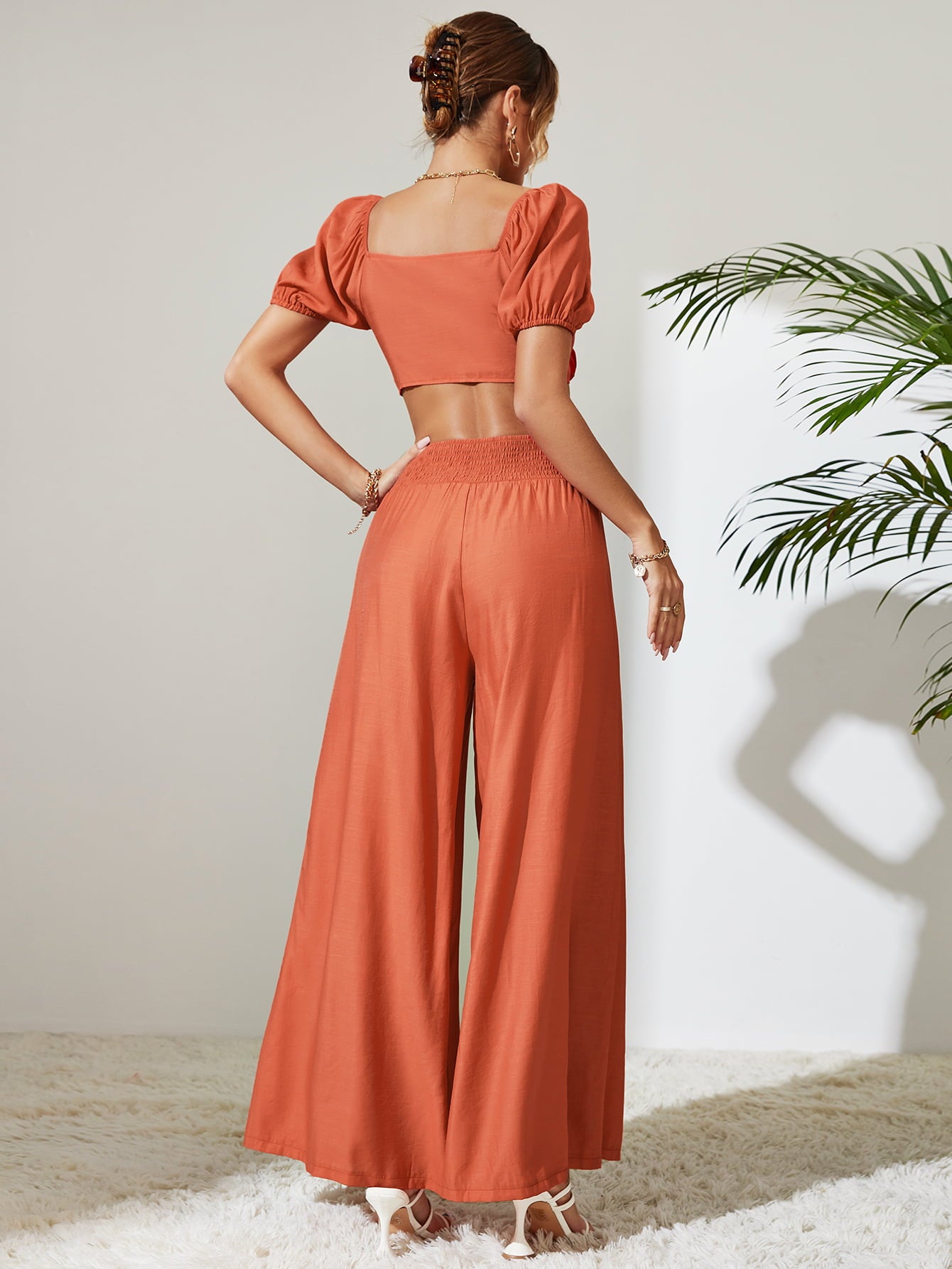 Tie Front Cropped Top and Smocked Wide Leg Pants Set  Outfit Sets- Doll Fits