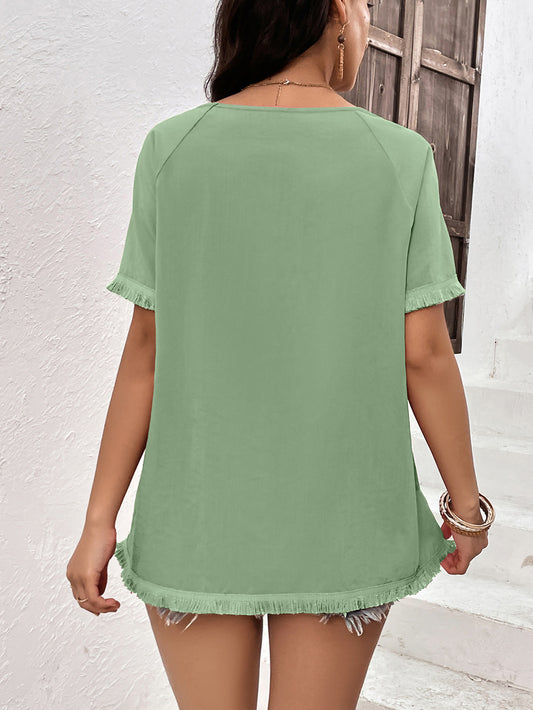 Round Neck Raglan Sleeve Fringe Detail Top  Shirts & Tops- Doll Fits