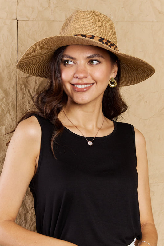 Fame Wild One Leopard Ribbon Straw Hat  - Doll Fits