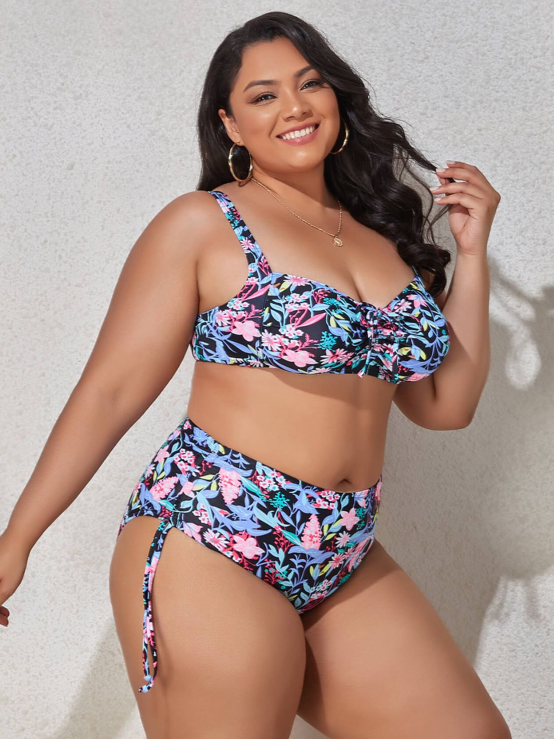 Plus Size Printed Drawstring Detail Bikini Set  Swimwear- Doll Fits
