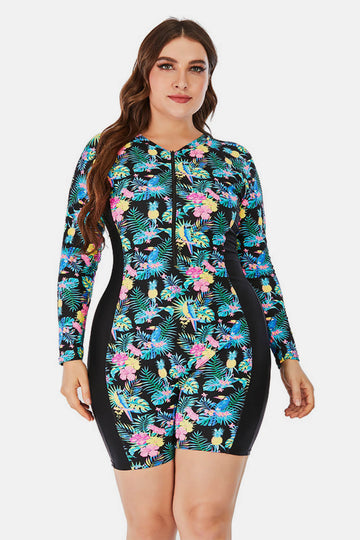 Plus Size Floral Long Sleeve One-Piece Swimsuit  Swimwear- Doll Fits