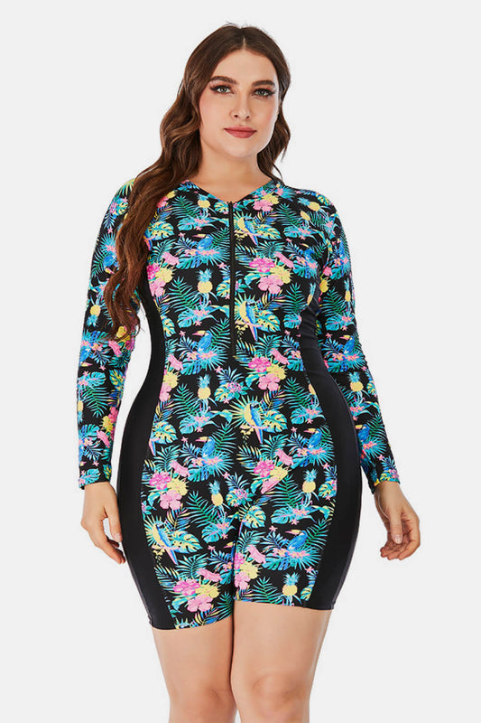 Plus Size Floral Long Sleeve One-Piece Swimsuit  Swimwear- Doll Fits