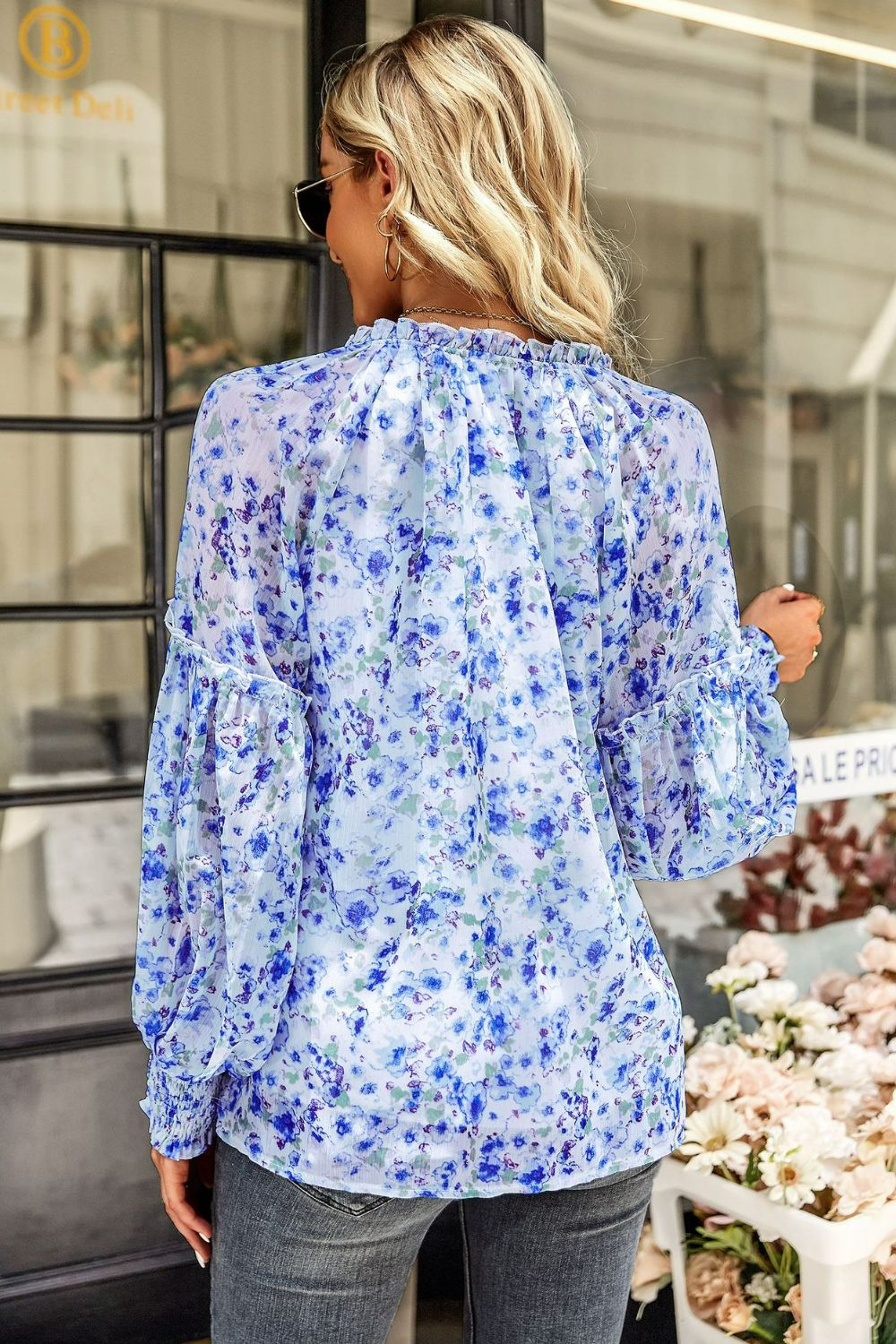 Floral Tie Neck Lantern Sleeve Blouse  Shirts & Tops- Doll Fits