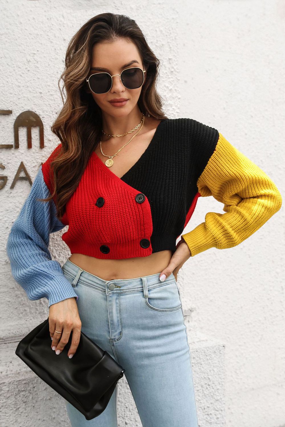 Cropped Contrast Color V- Neck Buttoned Cardigan  - Doll Fits
