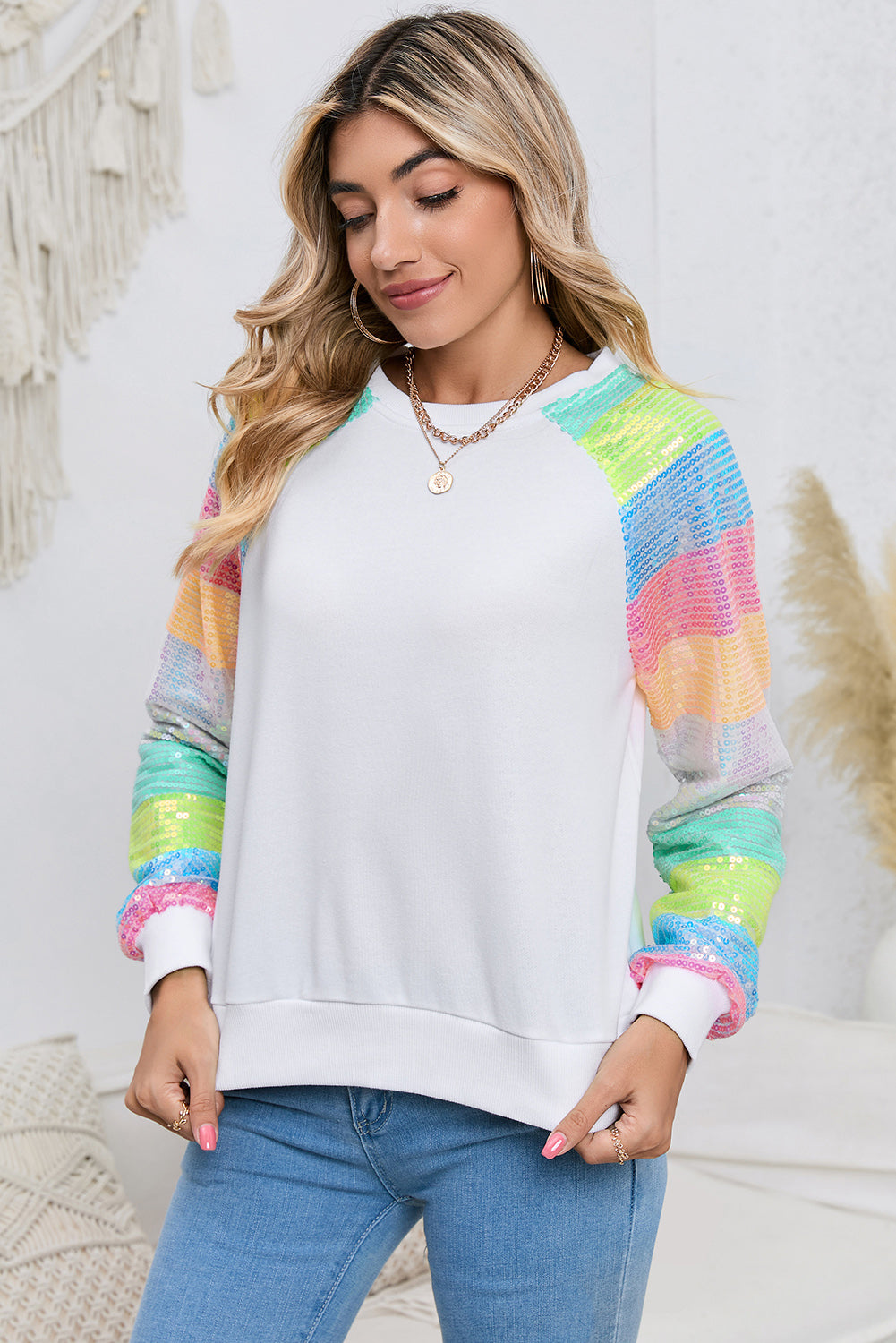 Round Neck Color Block Glitter Sleeve Sweatshirt  - Doll Fits
