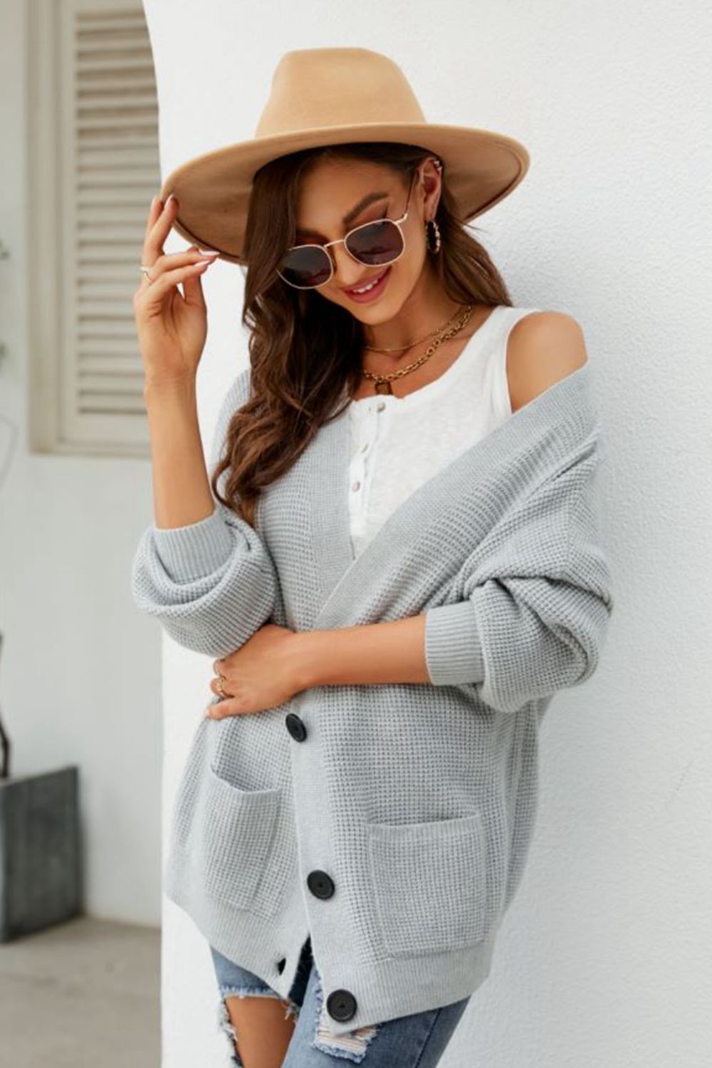 Waffle-Knit Dropped Shoulder Cardigan  - Doll Fits
