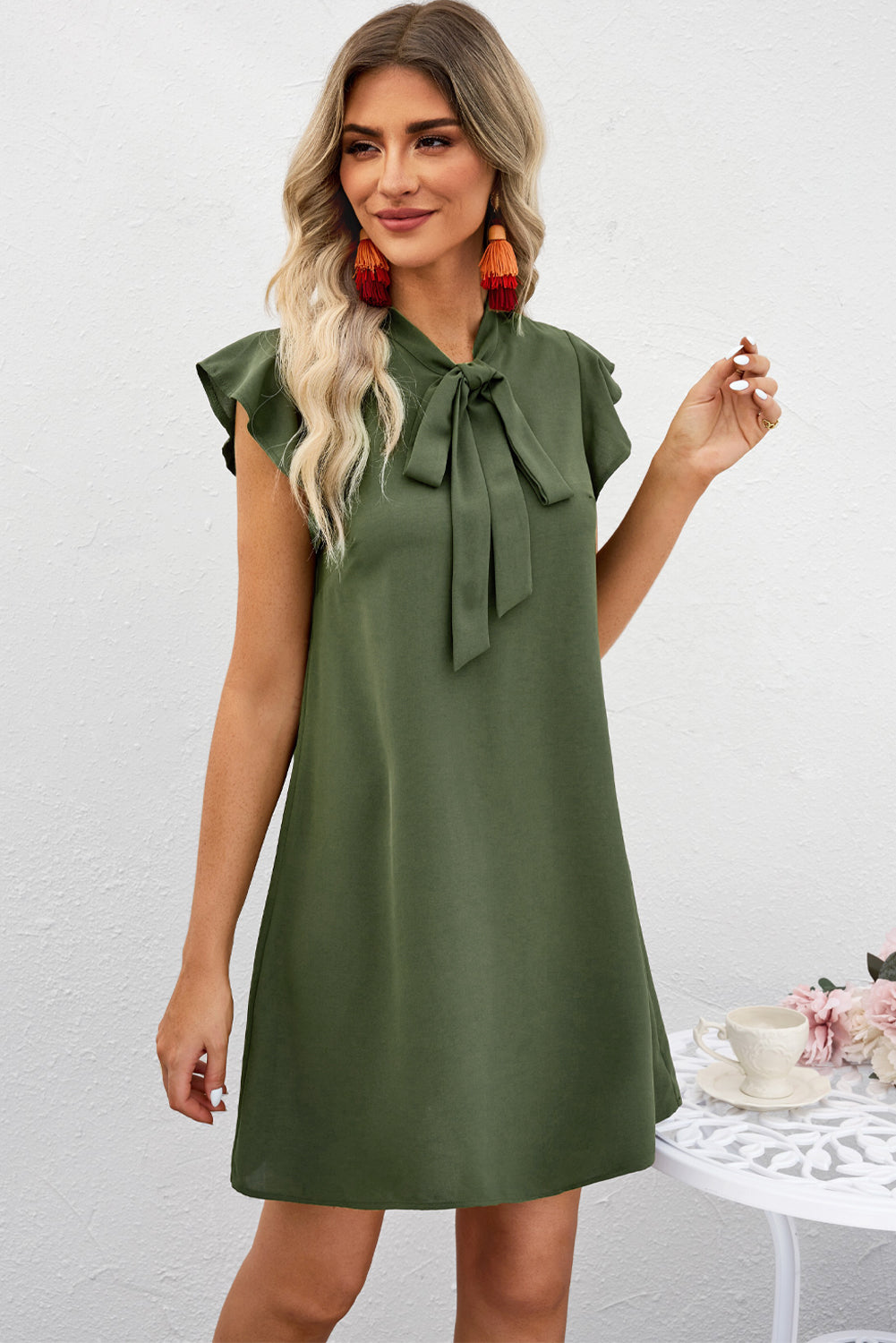 Tie Neck Flutter Sleeve Shift Dress  Dresses- Doll Fits