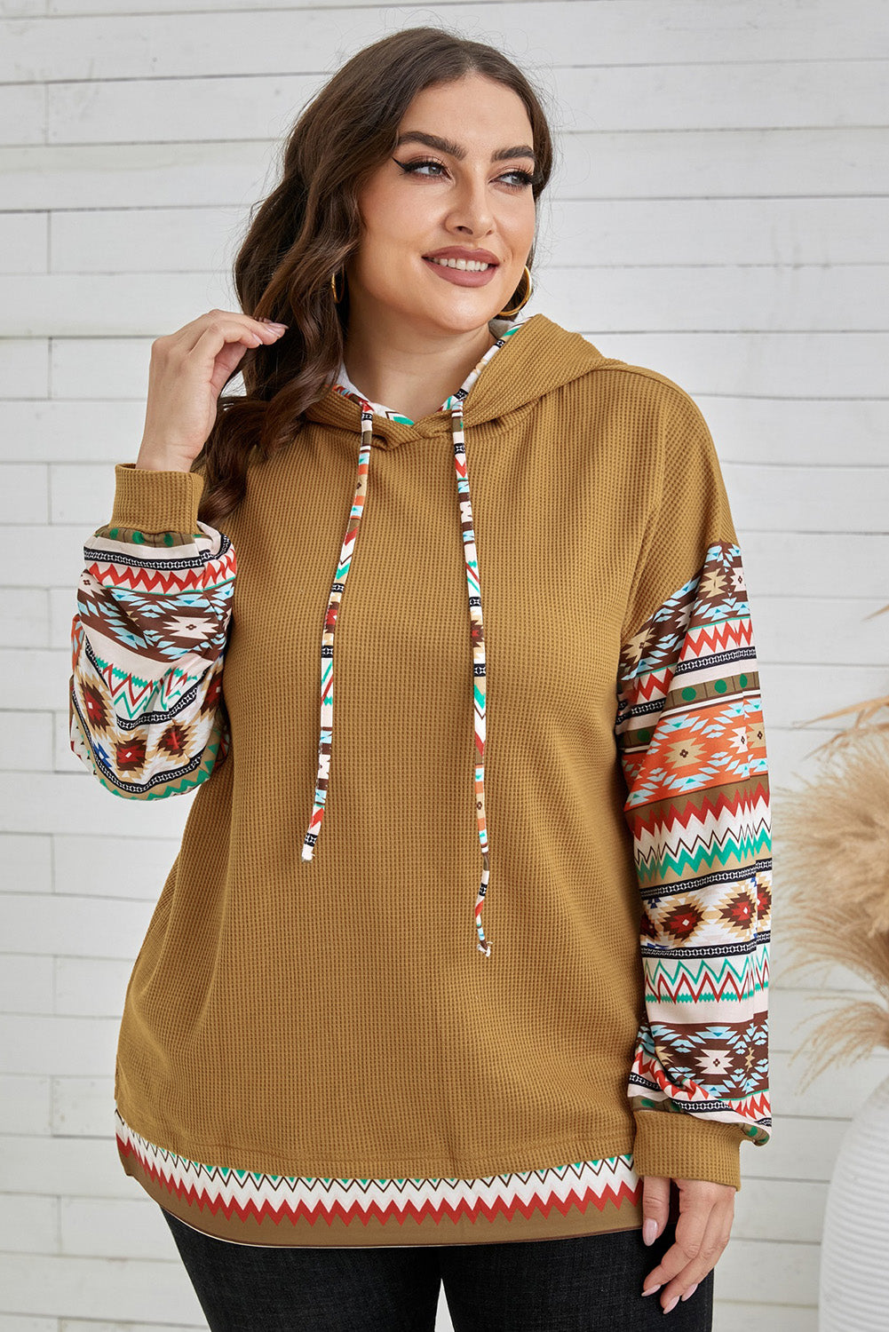 Plus Size Printed Side Slit Waffle-Knit Hoodie  Shirts & Tops- Doll Fits