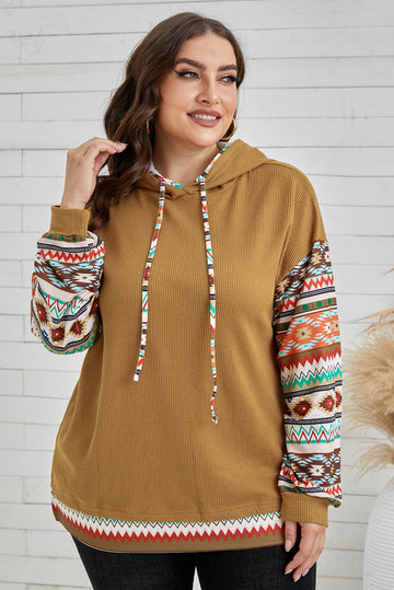 Plus Size Printed Side Slit Waffle-Knit Hoodie  Shirts & Tops- Doll Fits
