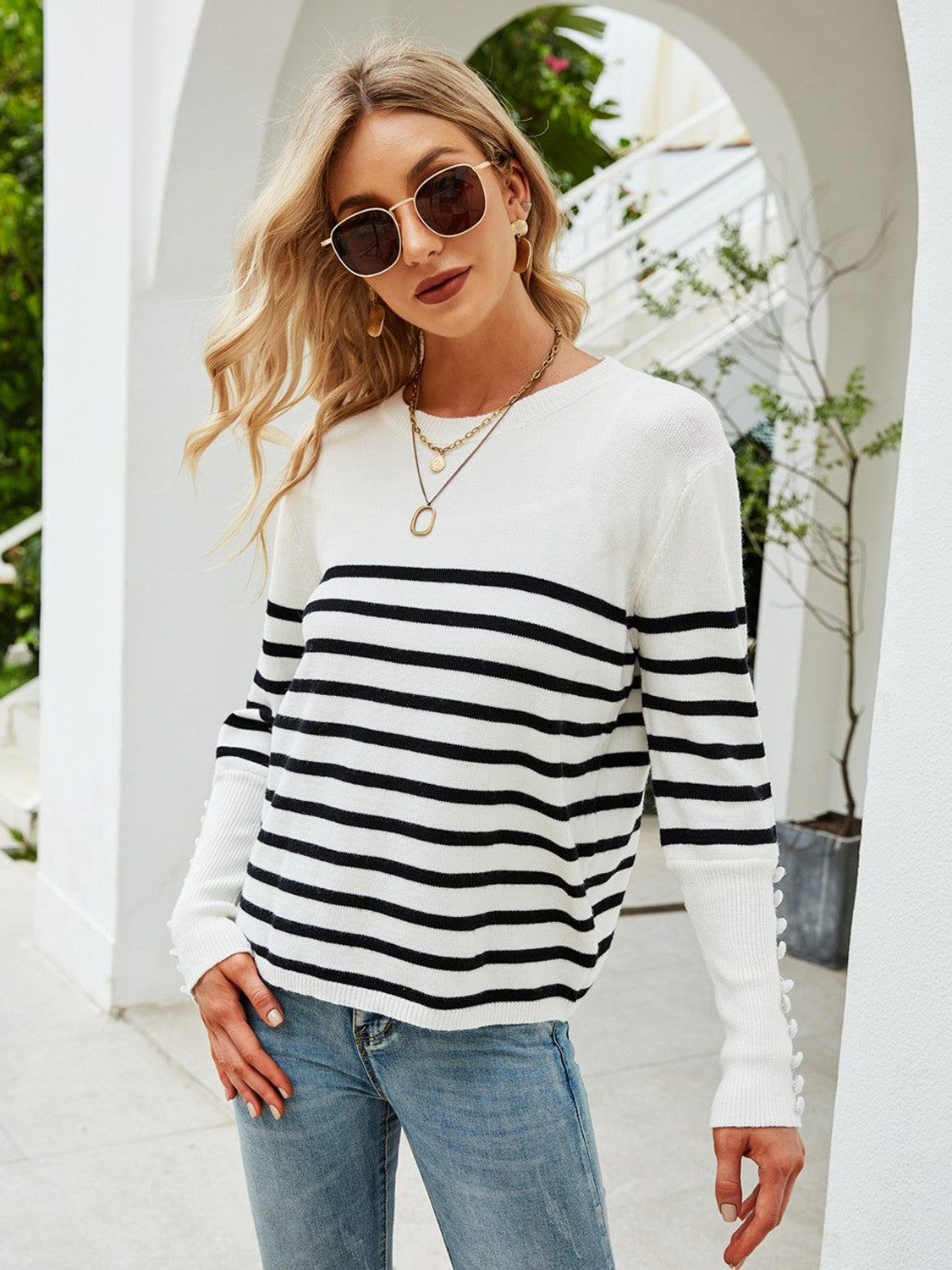 Striped Decorative Button Knit Top  Shirts & Tops- Doll Fits