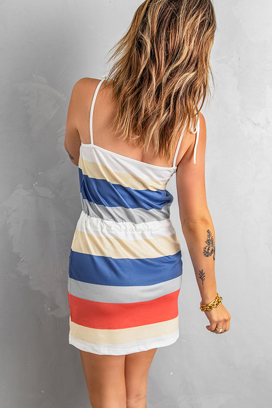 Striped Drawstring Waist Tie-Shoulder Mini Dress  Dresses- Doll Fits