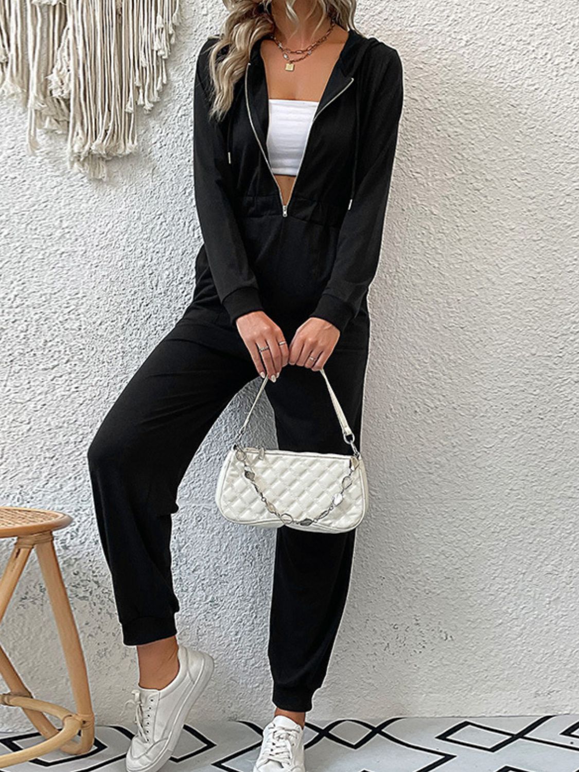 Zip Up Elastic Waist Hooded Jogger Jumpsuit  Jumpsuits & Rompers- Doll Fits