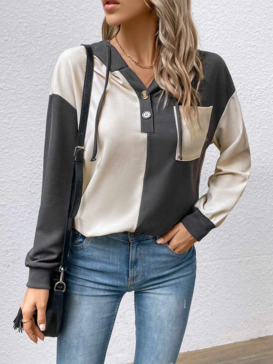 Contrast Color Button-Up Raglan Sleeve Hoodie  - Doll Fits