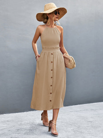 Buttoned Halter Neck Frill Trim Midi Dress  Dresses- Doll Fits