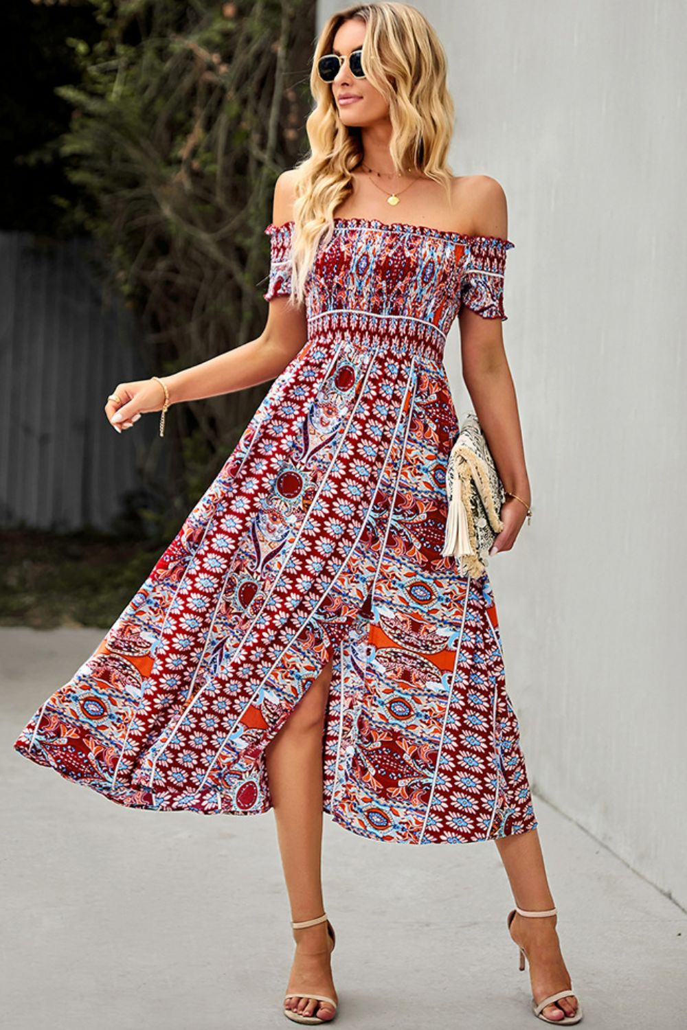 Bohemian Off-Shoulder Frill Trim Split Dress  Dresses- Doll Fits