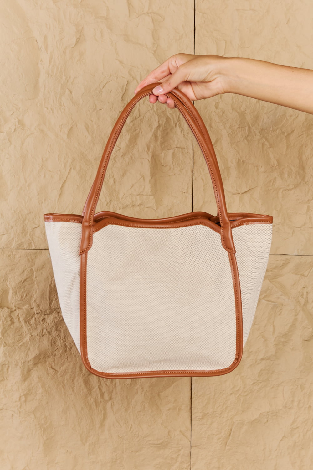 Fame Beach Chic Faux Leather Trim Tote Bag in Ochre  - Doll Fits