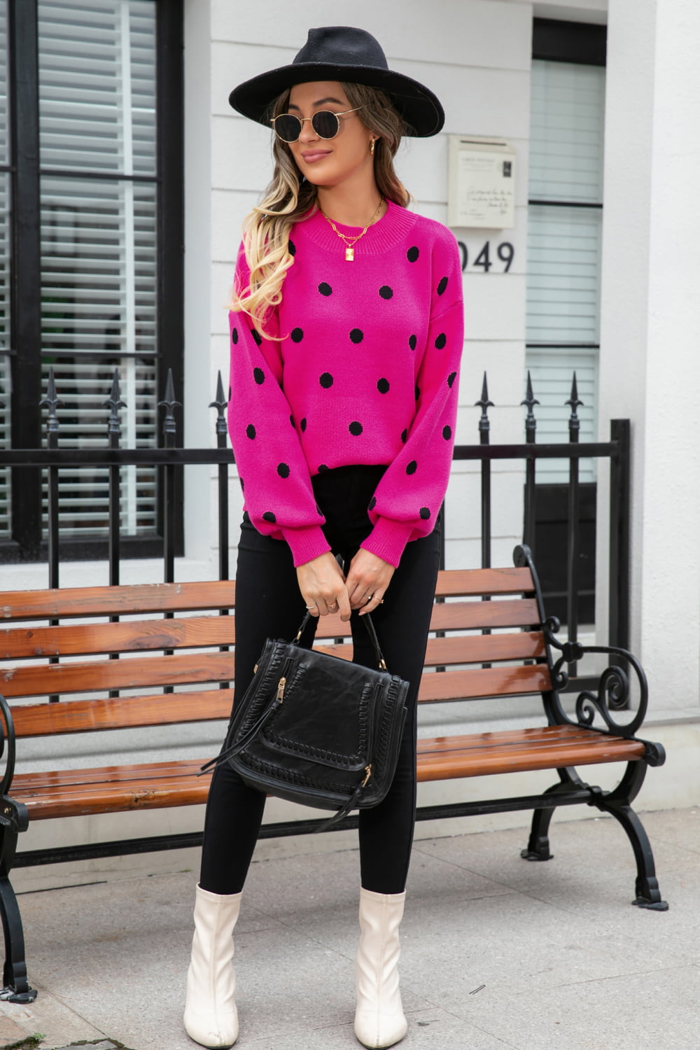 Woven Right Polka Dot Round Neck Dropped Shoulder Sweater  - Doll Fits