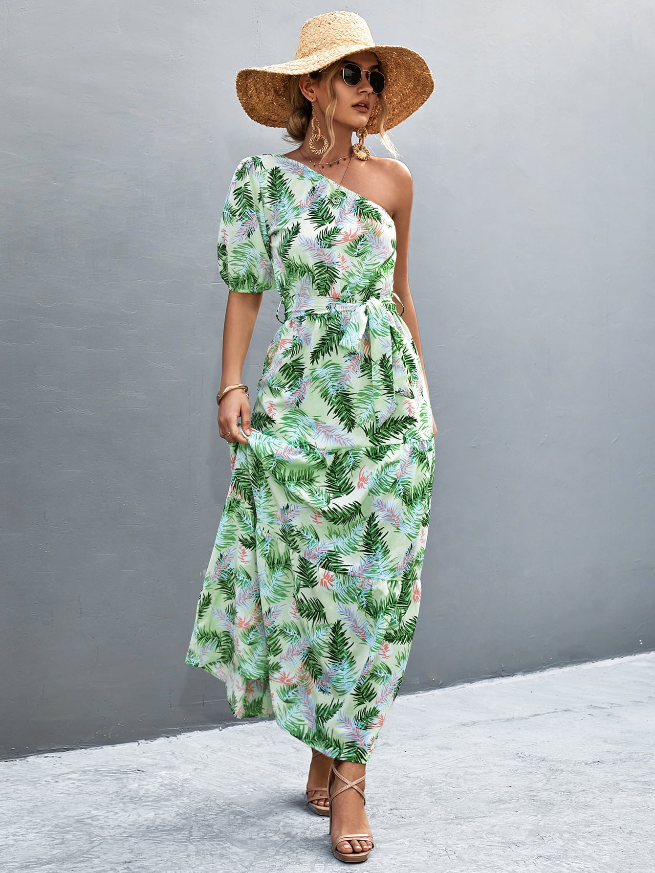 Printed Tie Waist One Shoulder Maxi Dress  Dresses- Doll Fits