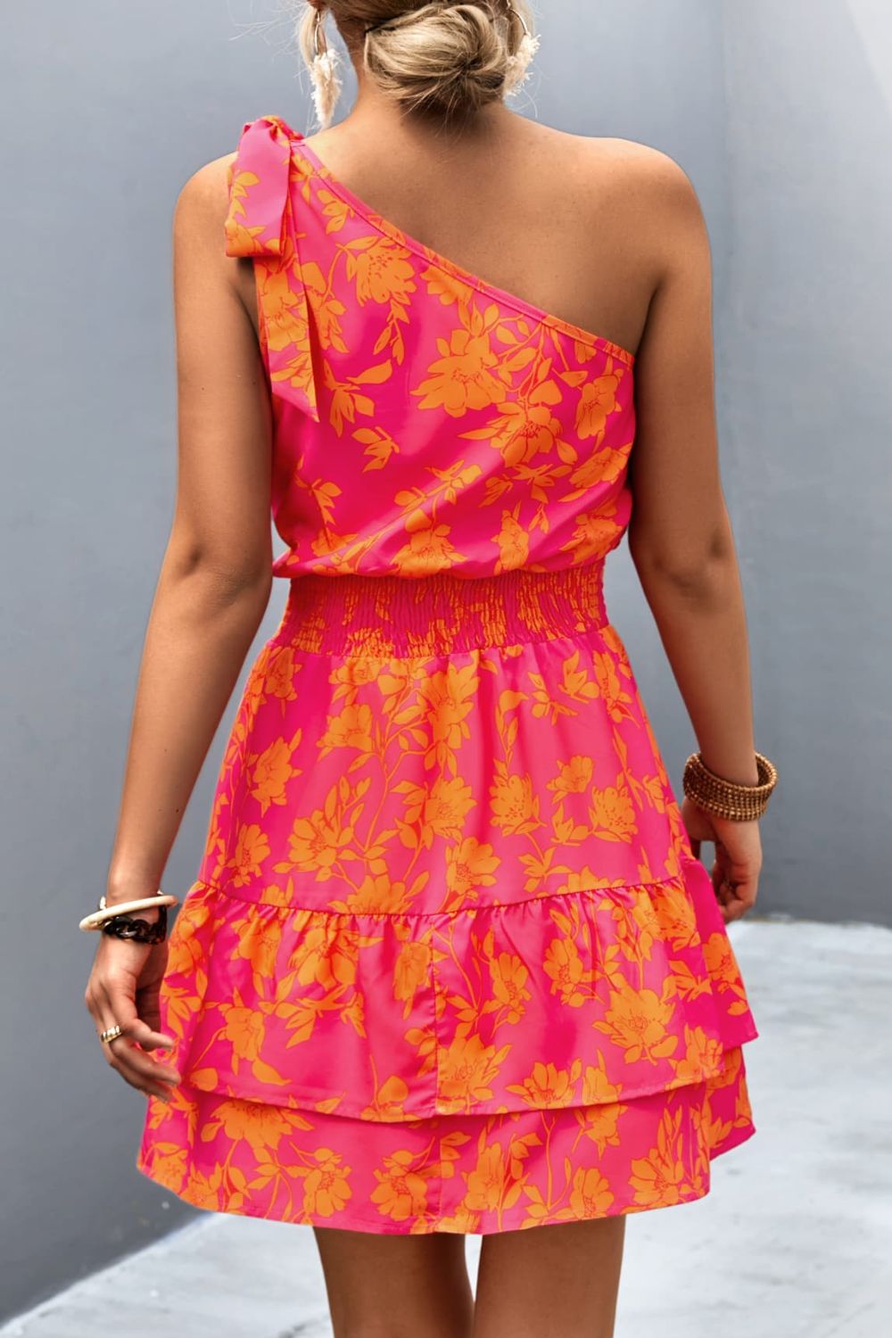 Floral Smocked Waist Tied One-Shoulder Dress  Dresses- Doll Fits