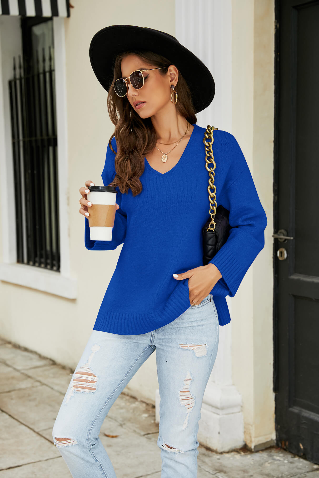 Drop Shoulder V-Neck Knit Pullover  Shirts & Tops- Doll Fits