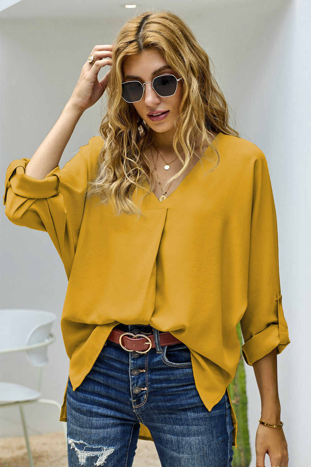 V-Neck Roll-Tab Sleeve Blouse  Shirts & Tops- Doll Fits