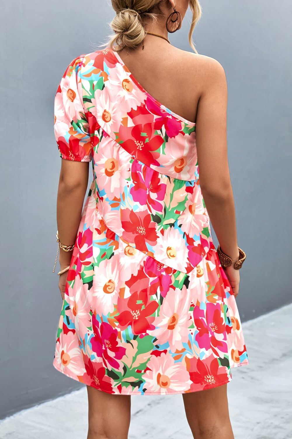 Floral One-Shoulder Puff Sleeve Dress  Dresses- Doll Fits