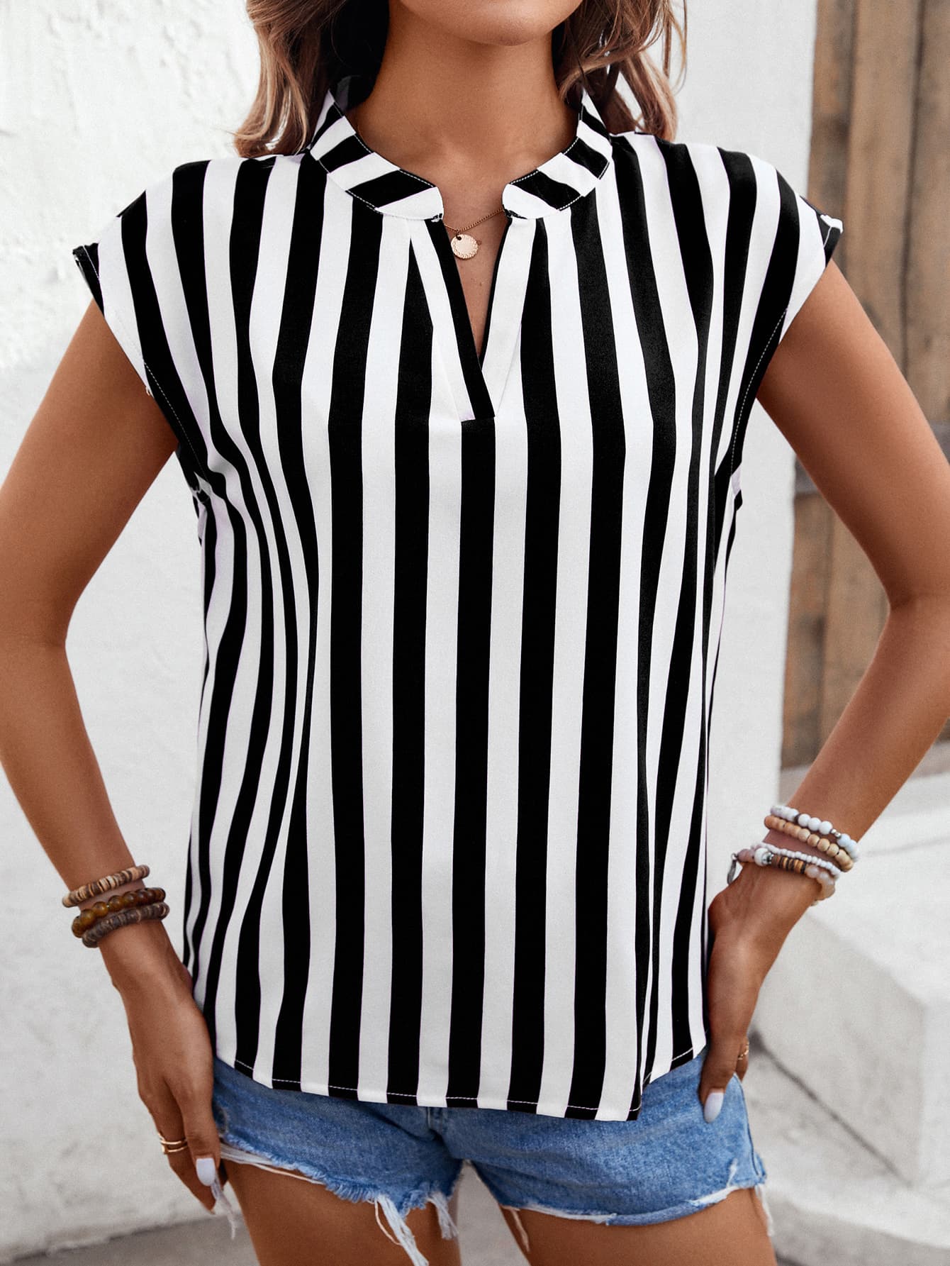 Striped Notched Neck Cap Sleeve Blouse  Shirts & Tops- Doll Fits
