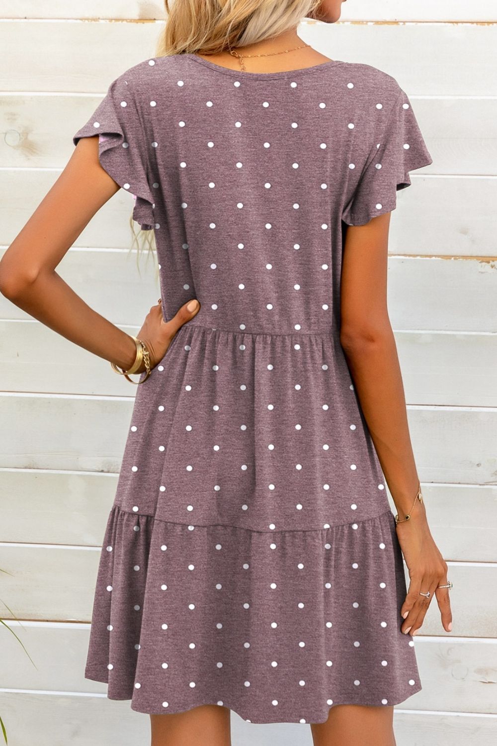 Polka Dot V-Neck Flutter Sleeve Mini Dress  Dresses- Doll Fits