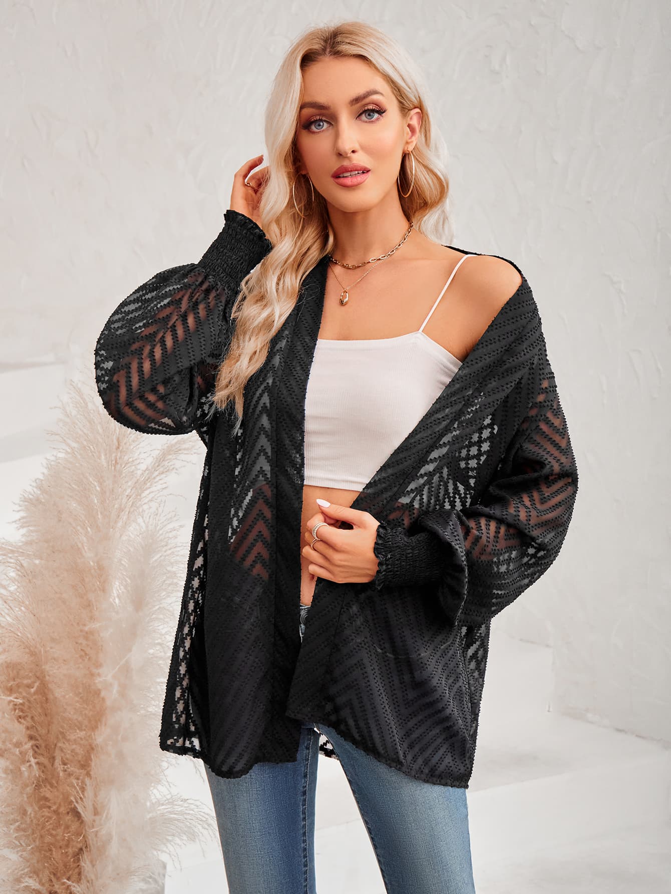 Lantern Sleeve Open Front Sheer Cardigan  Coats & Jackets- Doll Fits