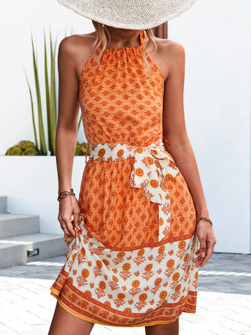 Floral Halter Neck Tie Waist Dress  Dresses- Doll Fits