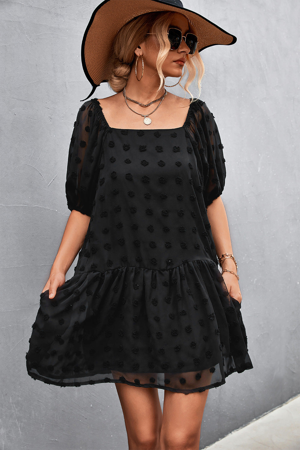 Swiss Dot Square Neck Half Balloon Sleeve Dress  Dresses- Doll Fits