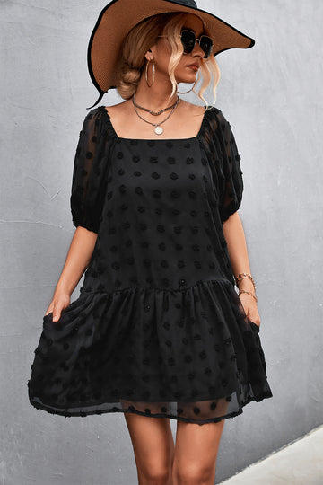 Swiss Dot Square Neck Half Balloon Sleeve Dress  Dresses- Doll Fits