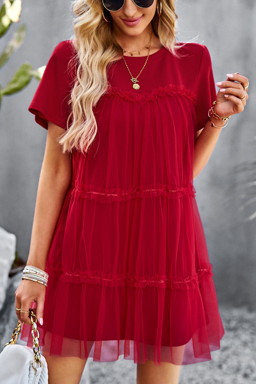 Frill Trim Spliced Mesh Mini Dress  Dresses- Doll Fits