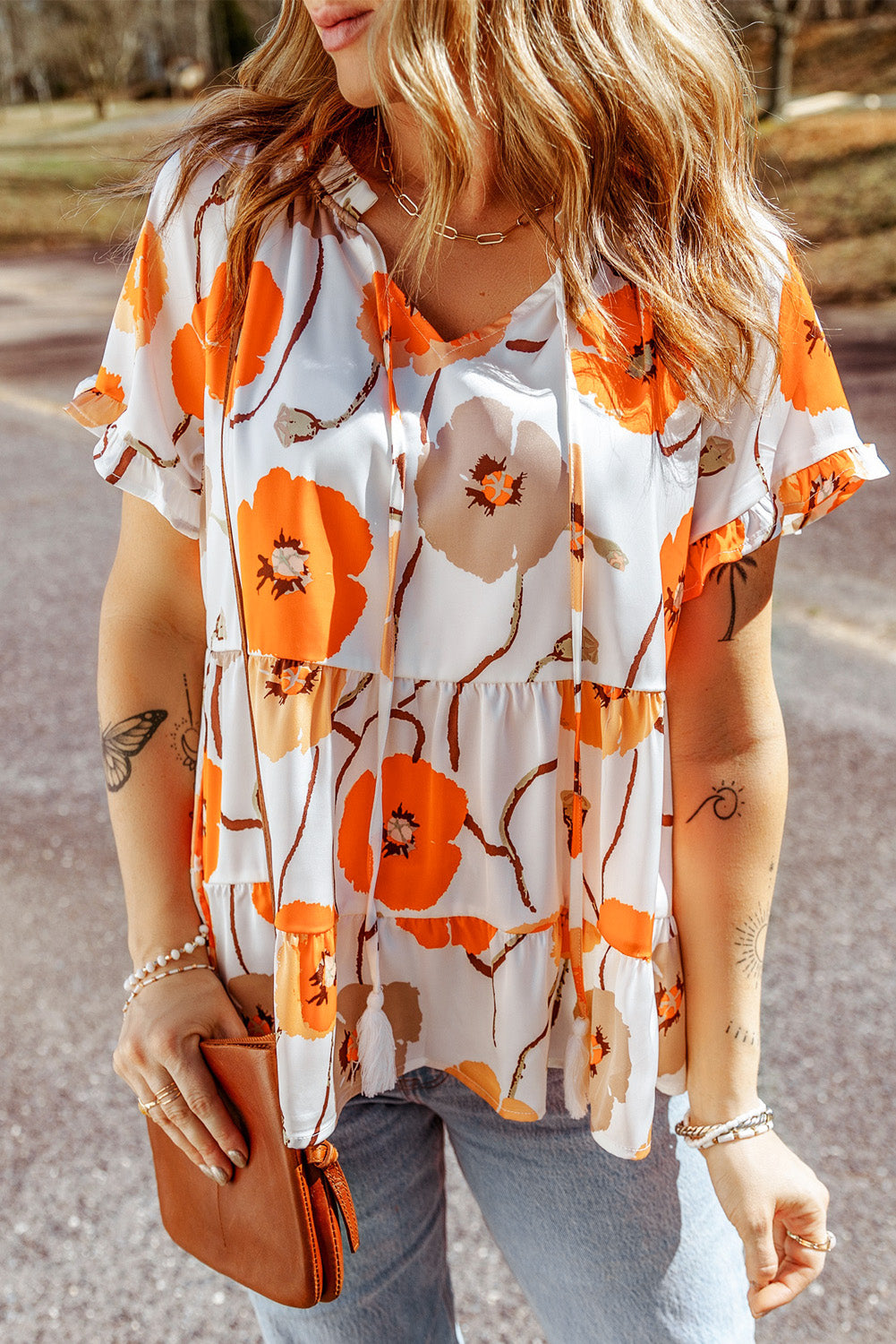Printed Flounce Sleeve Tie-Neck Peplum Blouse  Shirts & Tops- Doll Fits