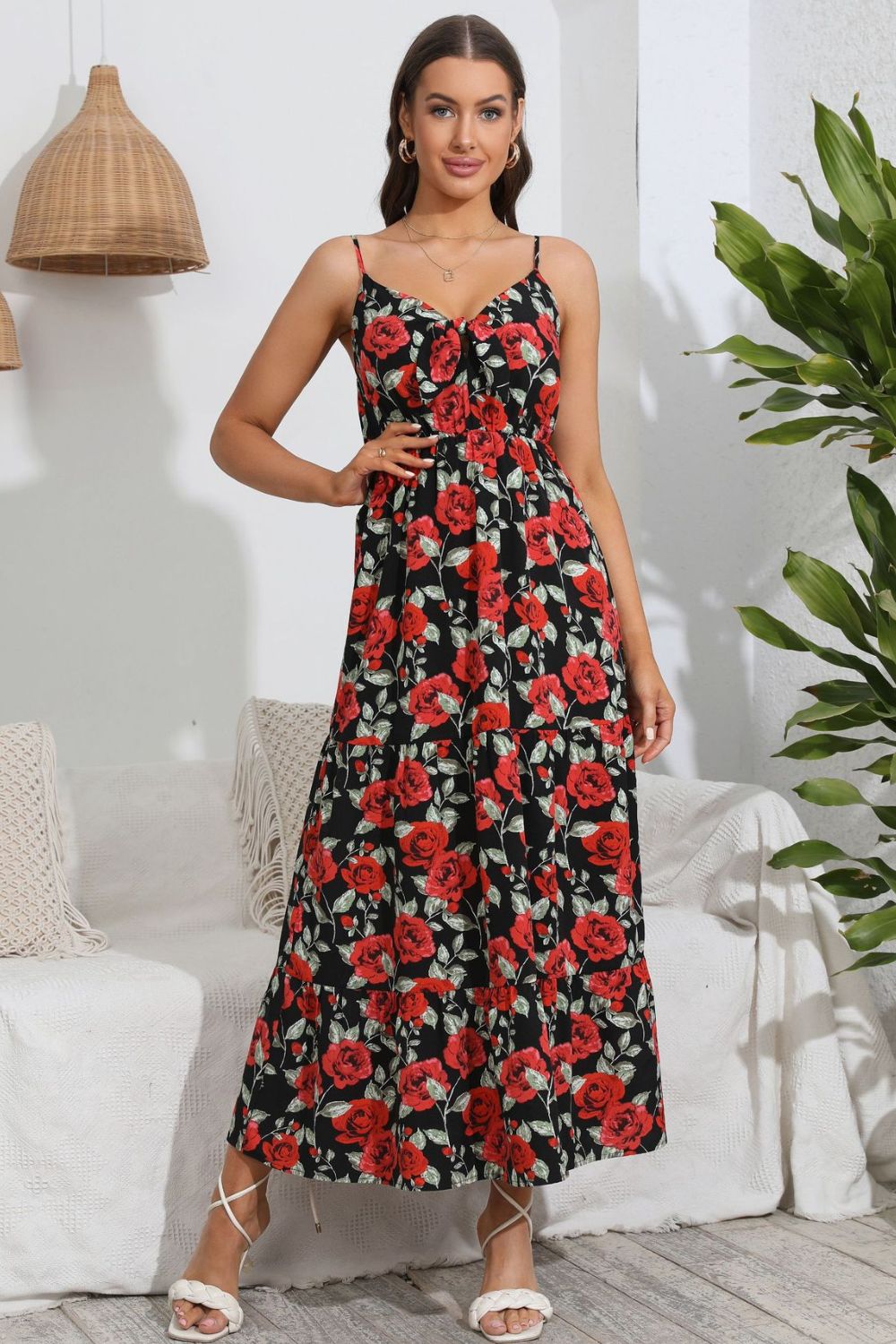 Rose Print Spaghetti Strap Sweetheart Neck Dress  Dresses- Doll Fits