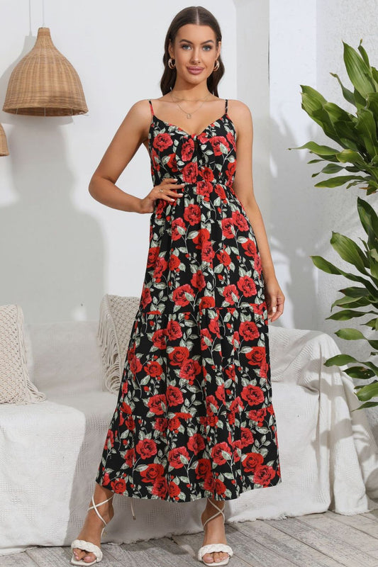 Rose Print Spaghetti Strap Sweetheart Neck Dress  Dresses- Doll Fits