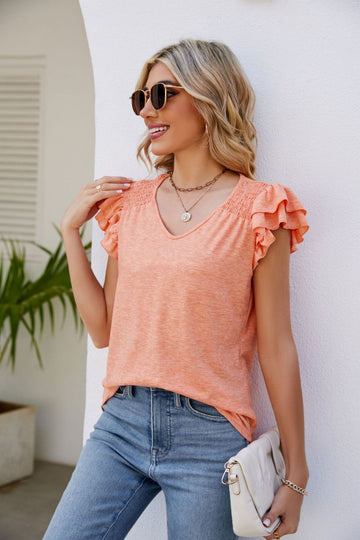 Smocked Flutter Sleeve V-Neck Top  Shirts & Tops- Doll Fits