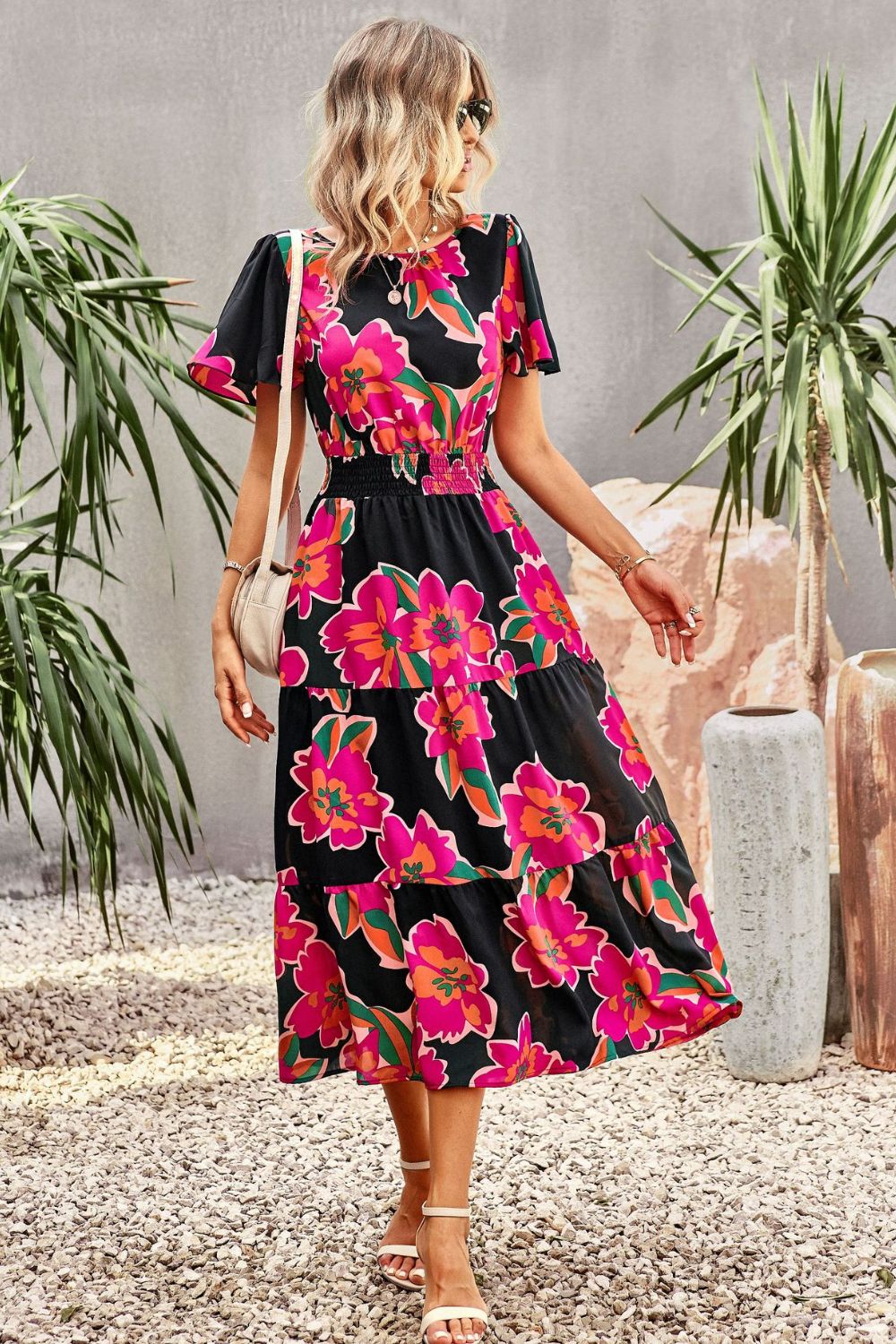 Floral Puff Sleeve Tiered Midi Dress  Dresses- Doll Fits