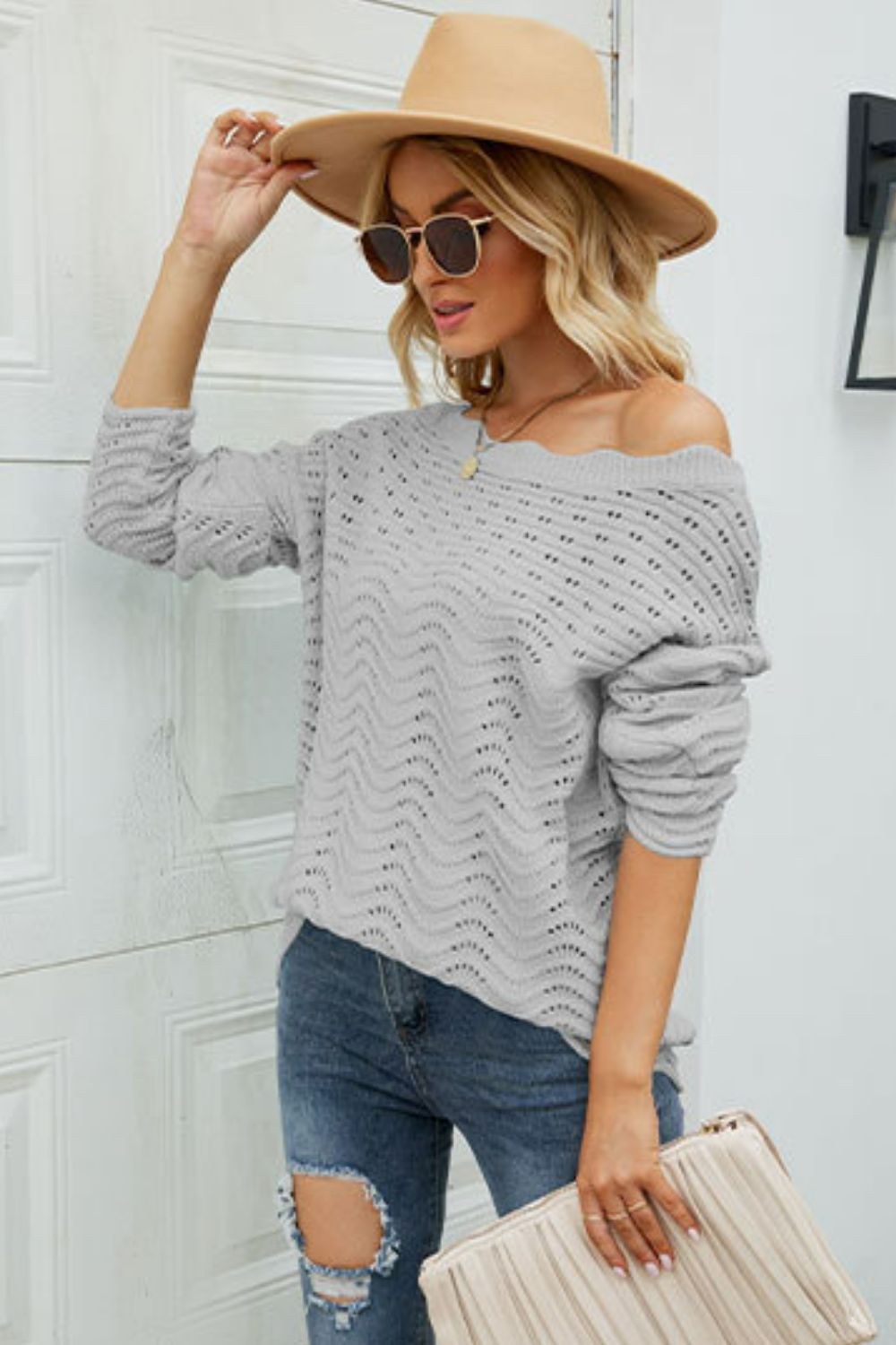 Scalloped Boat Neck Openwork Tunic Sweater  Shirts & Tops- Doll Fits