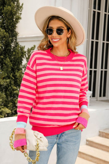 Warm Spice Striped Round Neck Sweater  Shirts & Tops- Doll Fits