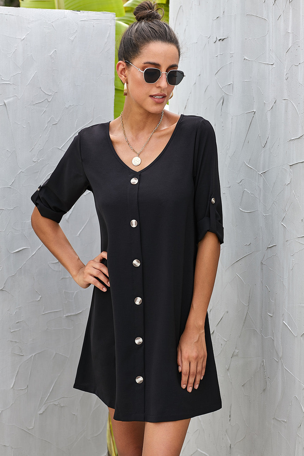 Buttoned V-Neck Dress  Dresses- Doll Fits