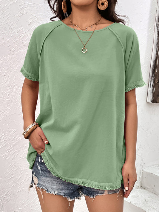 Round Neck Raglan Sleeve Fringe Detail Top  Shirts & Tops- Doll Fits