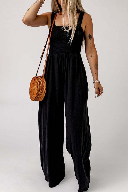Smocked Square Neck Wide Leg Jumpsuit with Pockets  Jumpsuits & Rompers- Doll Fits