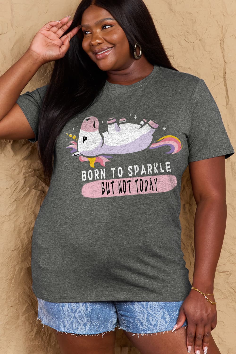 Simply Love Full Size BORN TO SPARKLE BUT NOT TODAY Graphic Cotton Tee  - Doll Fits