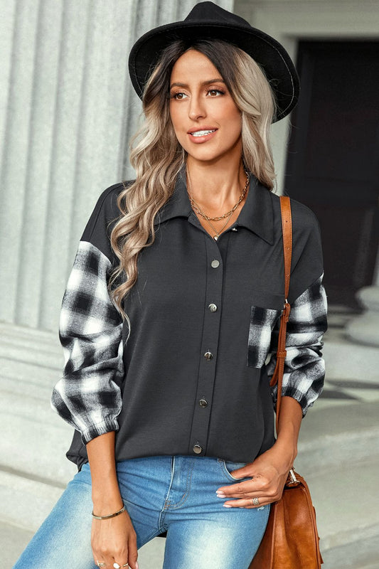 Plaid Dropped Shoulder Shirt with Breast Pocket  Shirts & Tops- Doll Fits