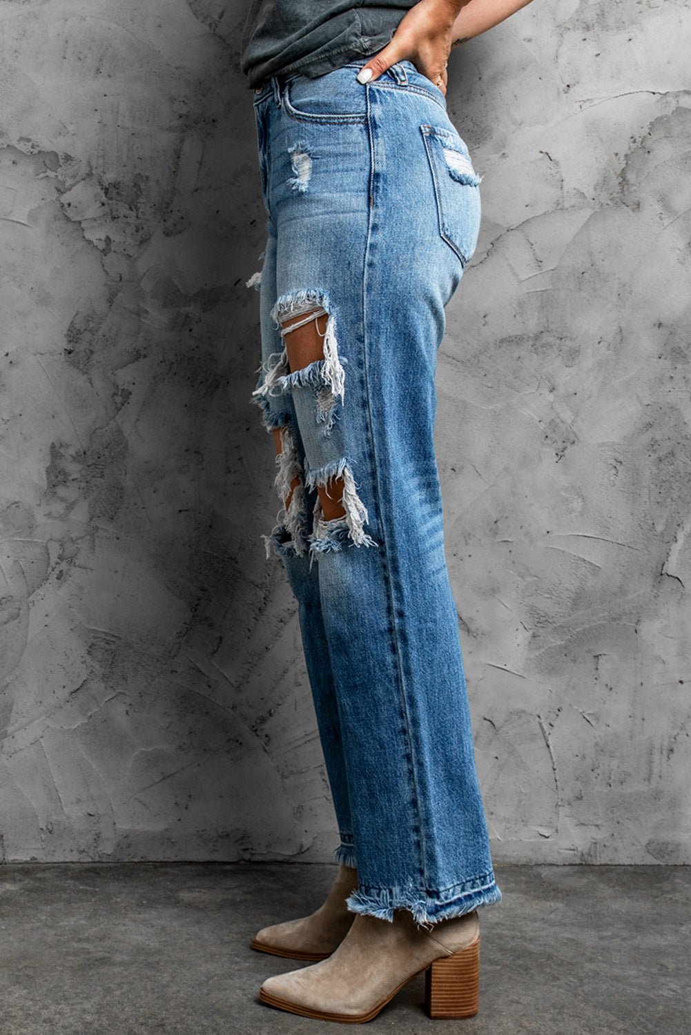 Frayed Hem Distressed Jeans with Pockets  Pants- Doll Fits