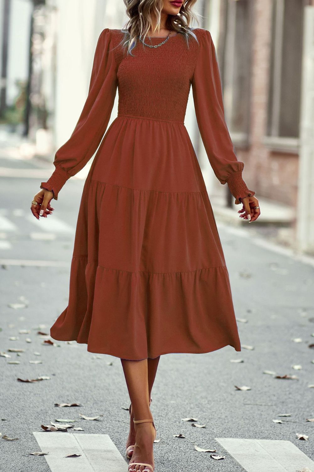 Smocked Long Puff Sleeve Tiered Midi Dress  Dresses- Doll Fits