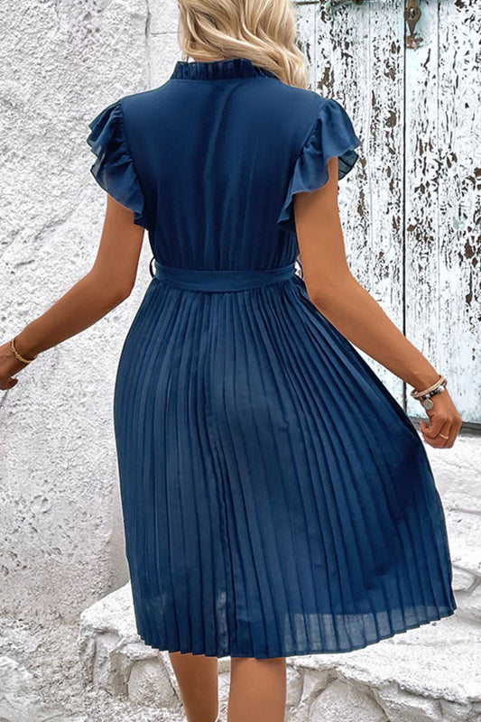 Tie Neck Belted Pleated Dress  Dresses- Doll Fits