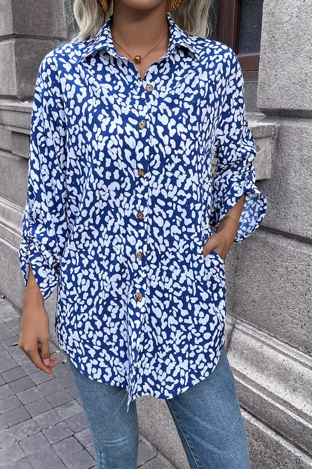 Double Take Leopard Roll-Tap Sleeve Shirt  - Doll Fits